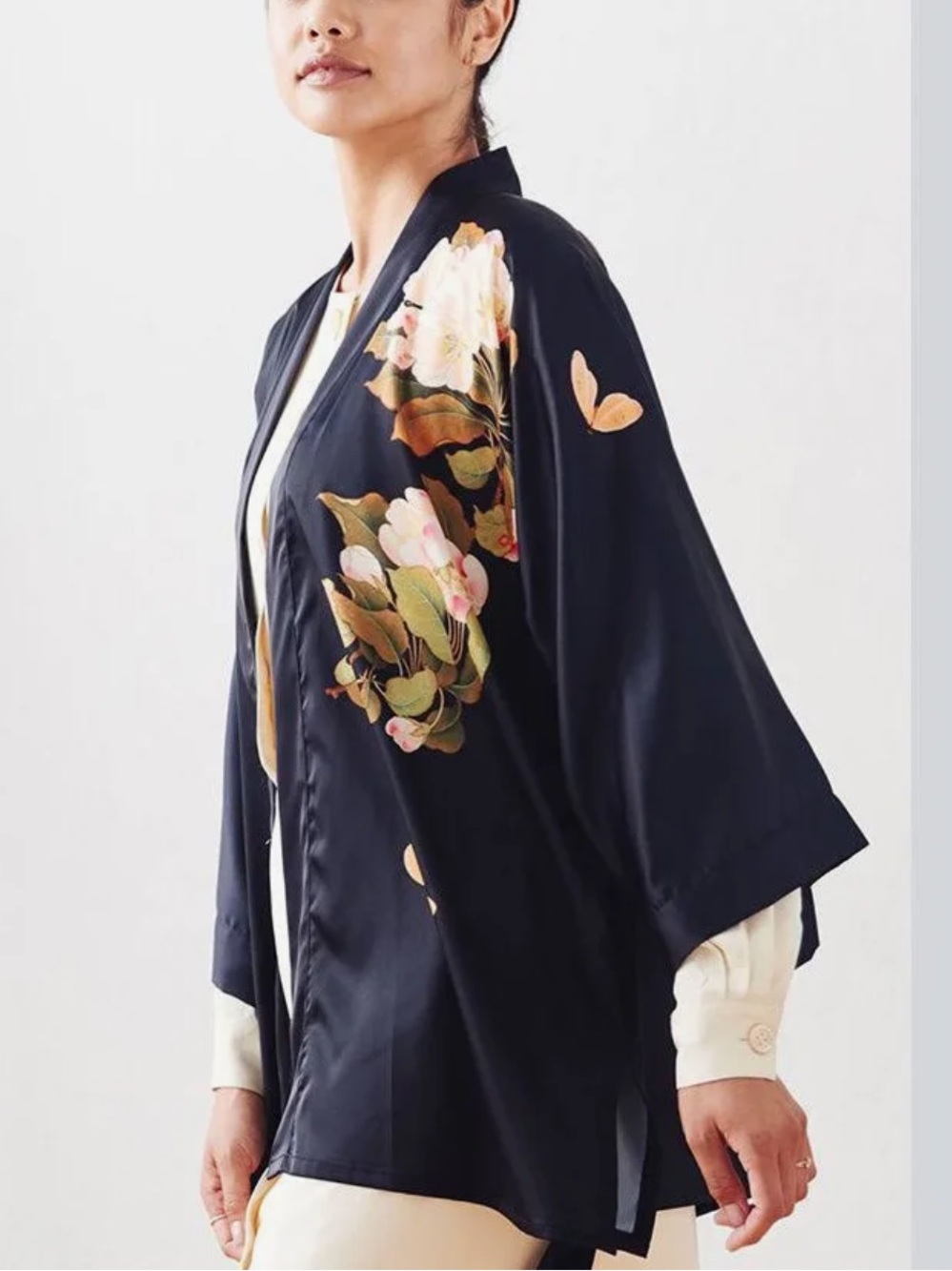 Black Floral Wrap Kimono Blouse with Green and Cream Embroidery